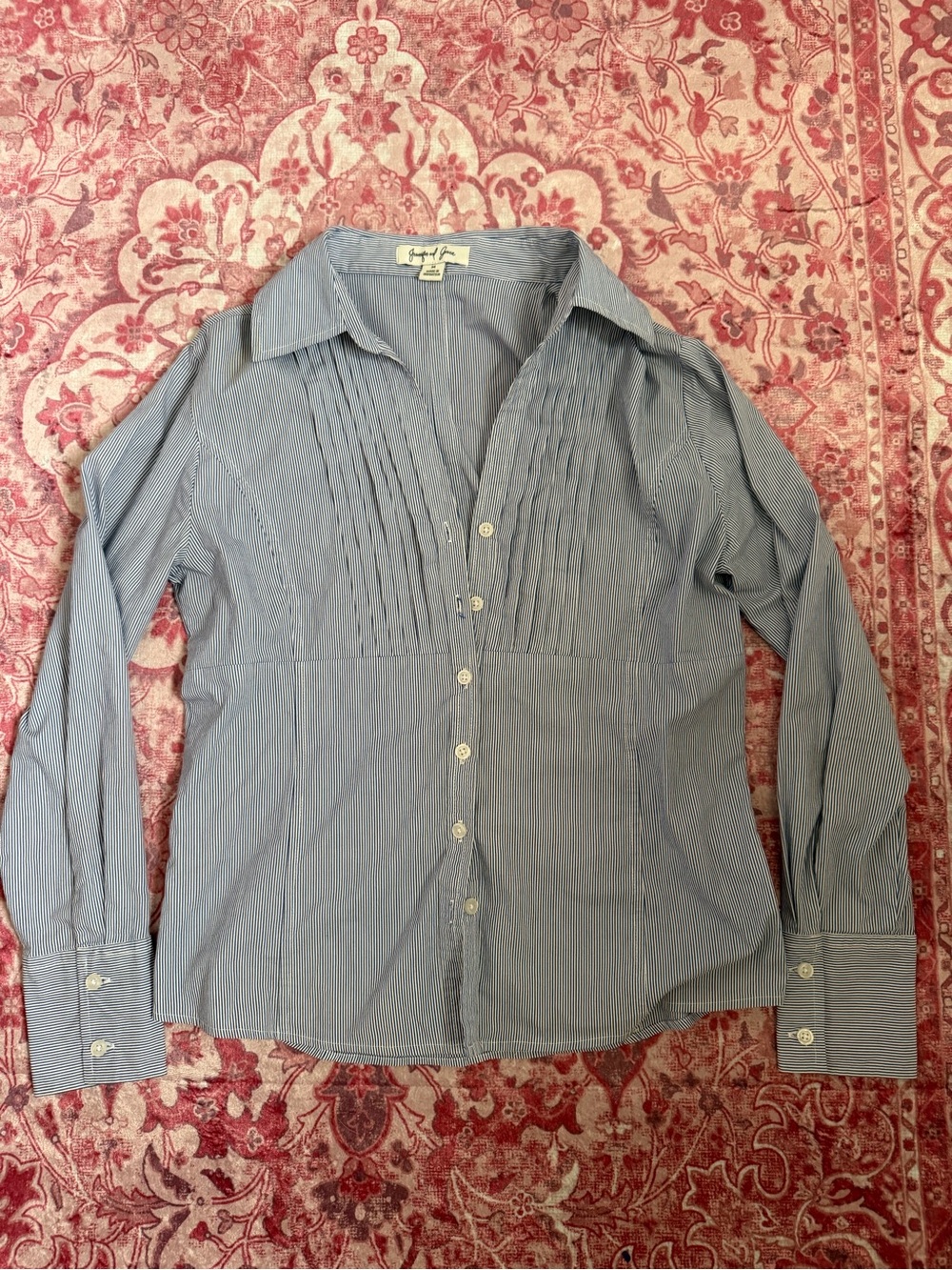 Pinstripe Pleated Front Button-Up Blouse — Blue